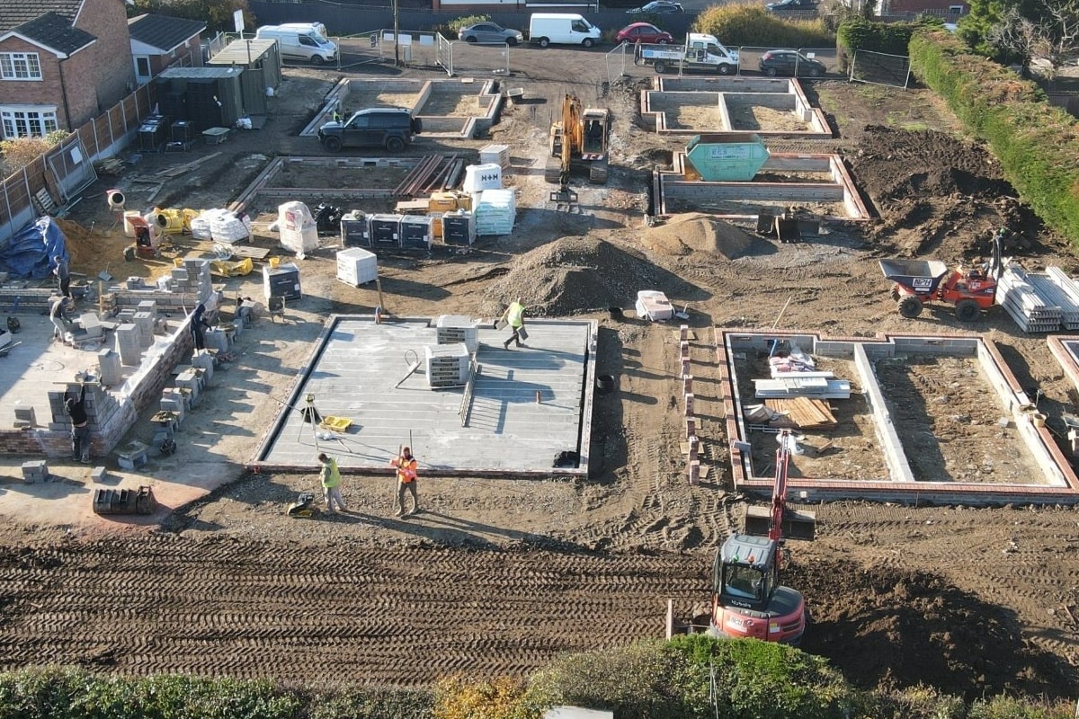 Groundworks under way at The Willows in Corringham, foundations laid out across the site.
