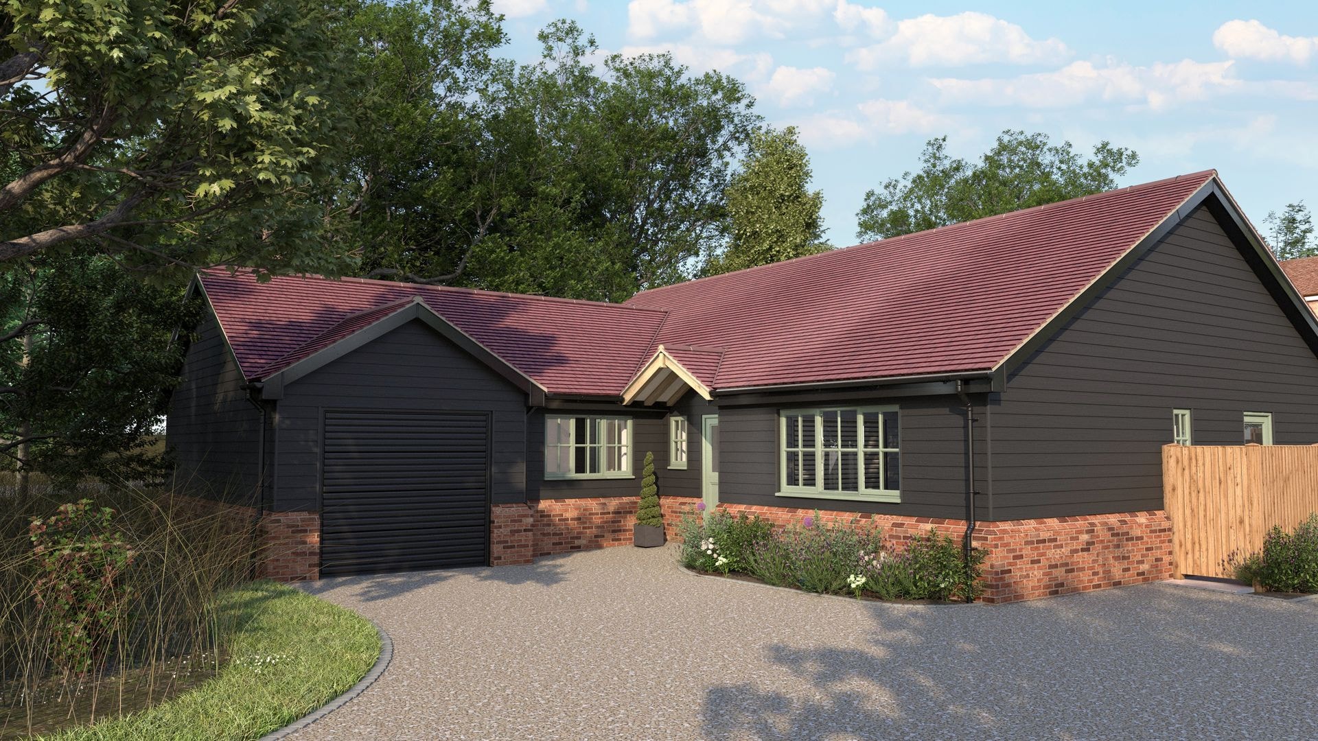 Computer-generated image of a detached bungalow at Northlands Approach, with charcoal cladding, a red tile roof and a gravel drive.