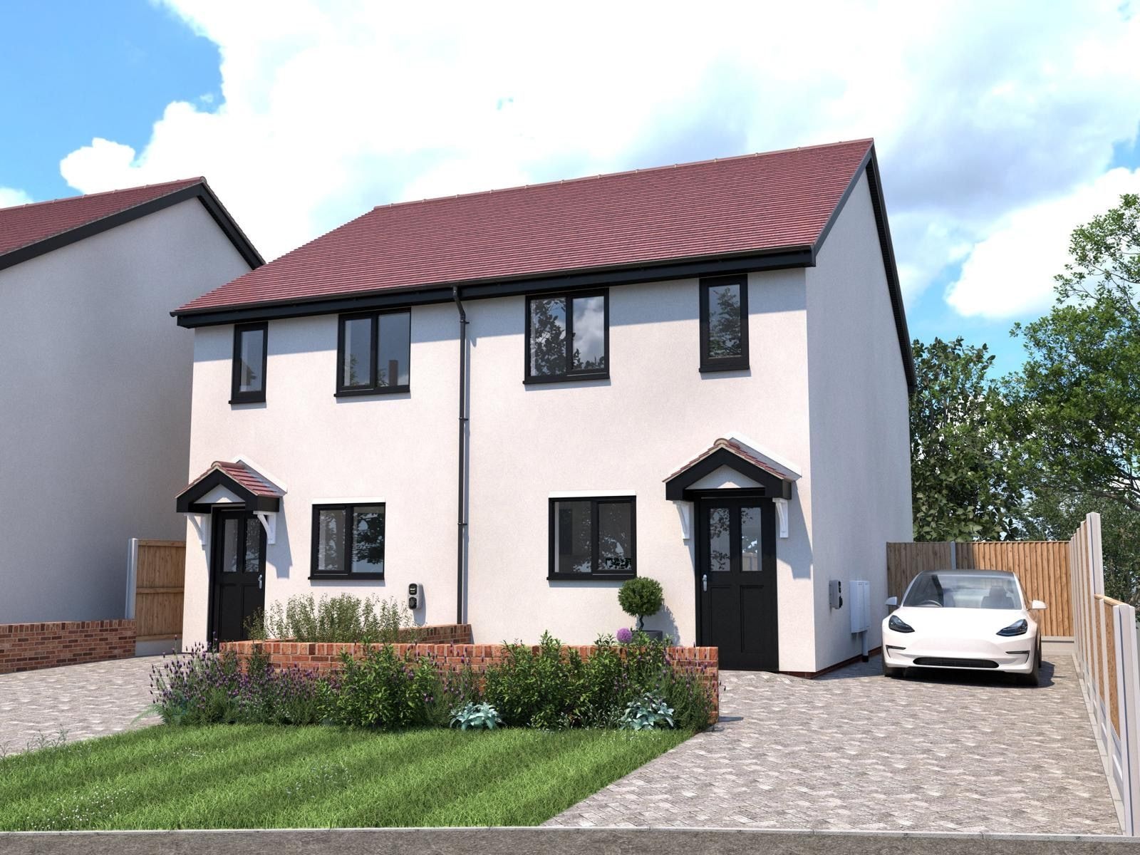 Computer-generated image of a pair of white semi-detached houses at Rookery Hill with dark tile roofs and front gardens.