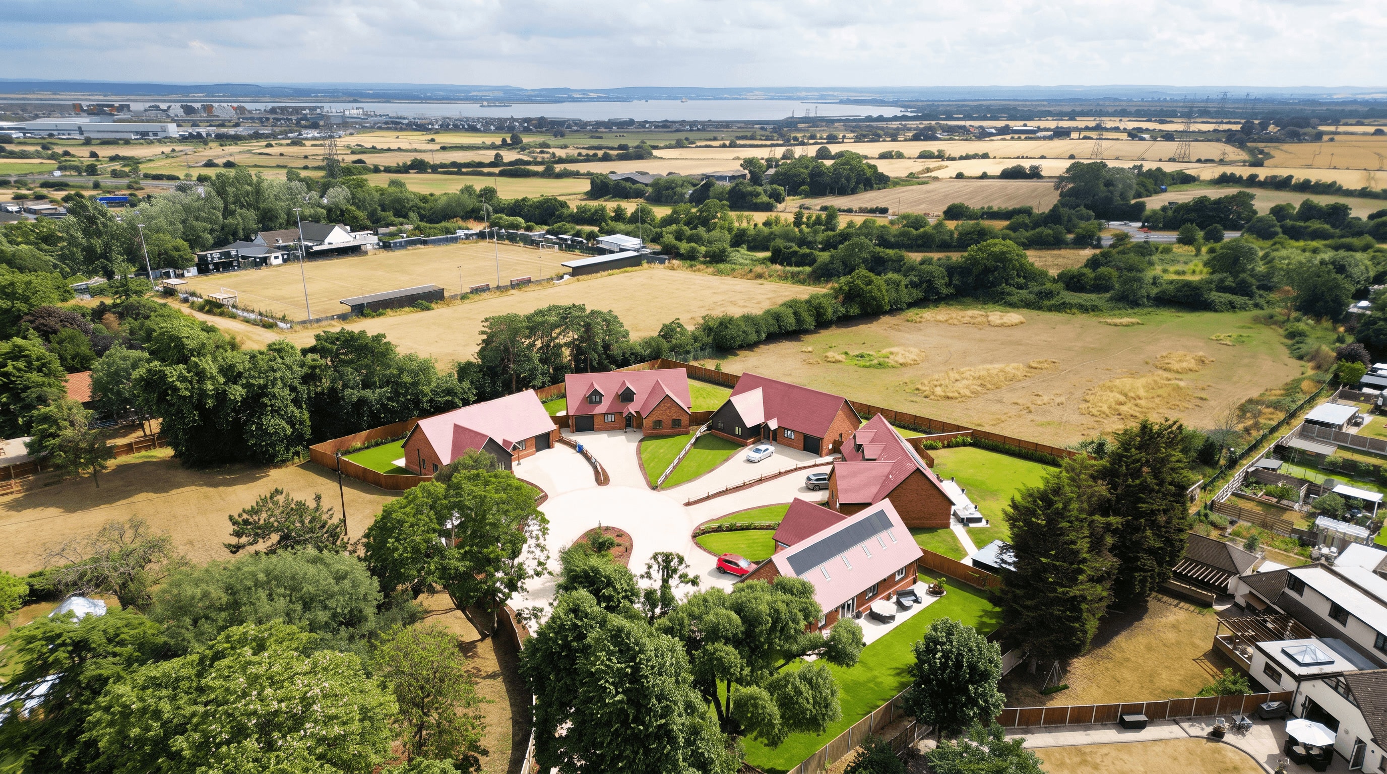 Aerial view of Lansdown Gardens in Corringham: five new homes around a private gated drive, set among fields with the Thames estuary beyond.